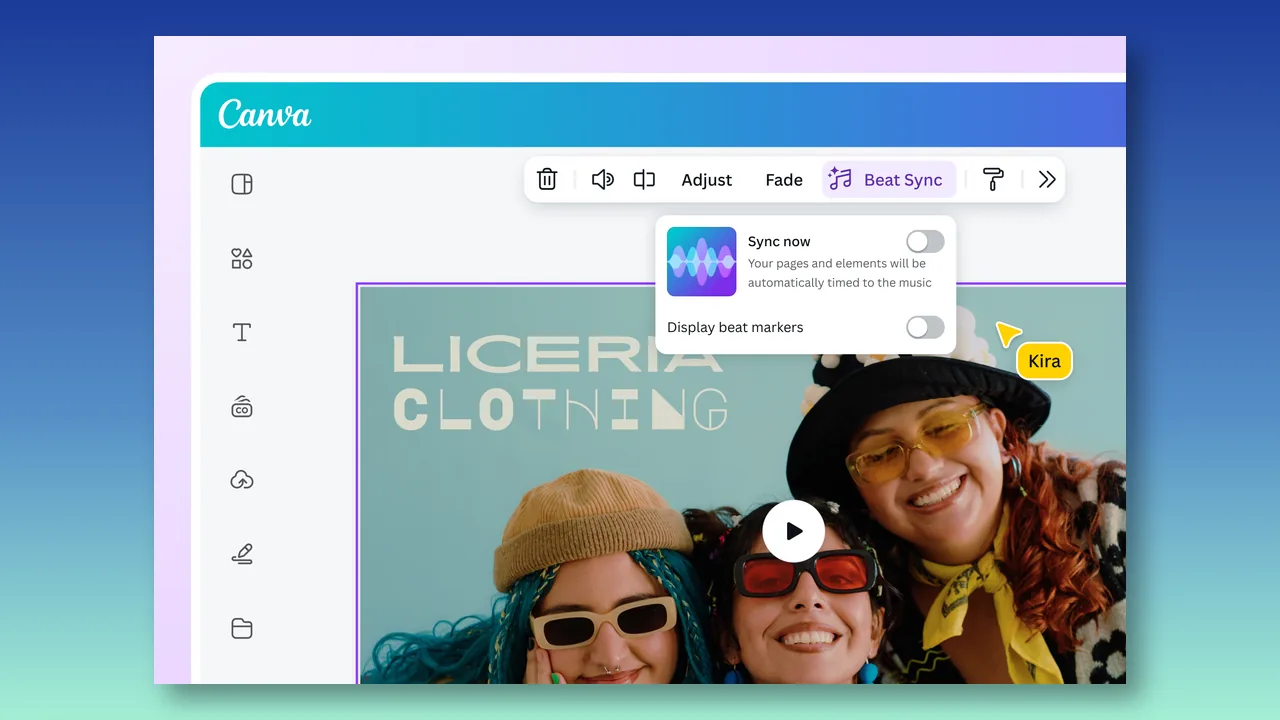 Canva audio toolbar showing Beat Sync and audio adjustment controls