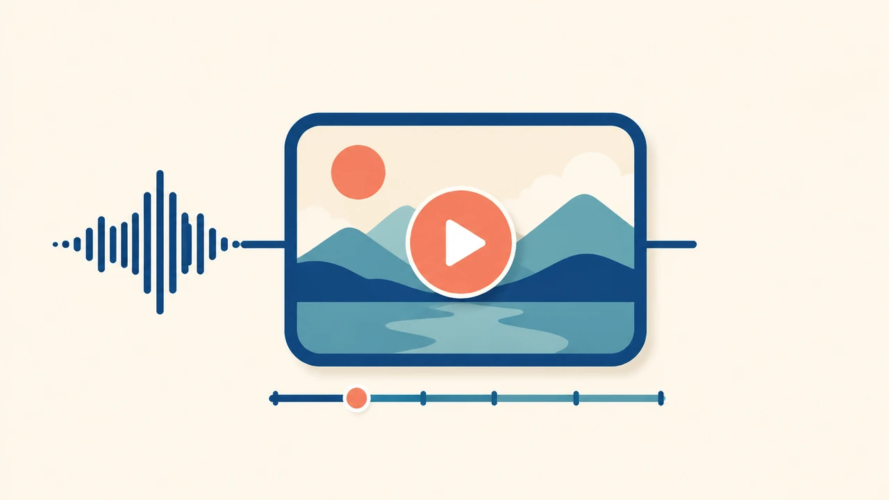 AI voice waveform connected to a video frame and playback timeline