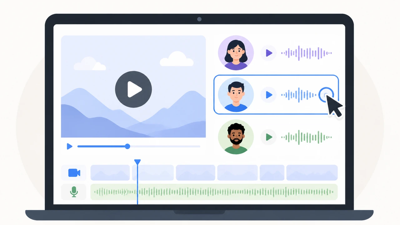 Video editor showing three AI voice choices with one voice selected