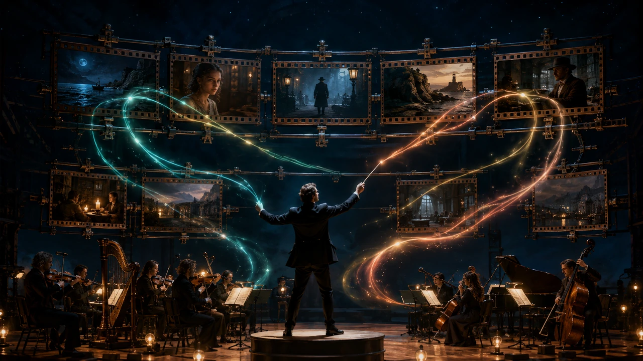 Conductor coordinating narration cues with adjustable film scenes