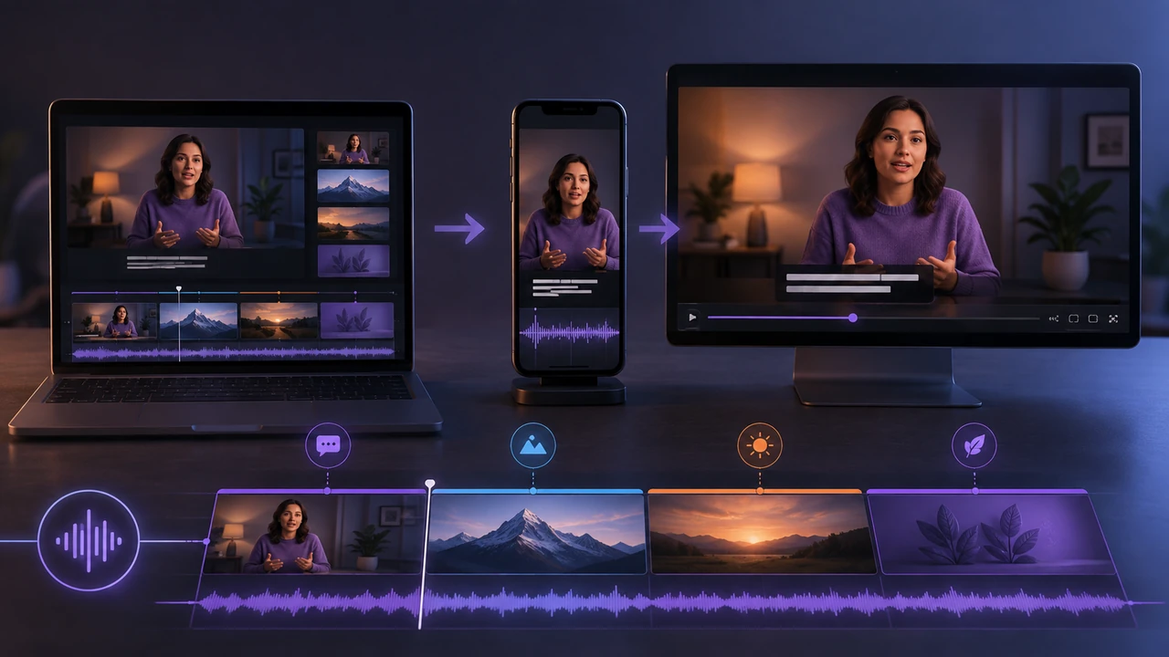 AI narration synchronized with video scenes, captions, and multiple screen formats
