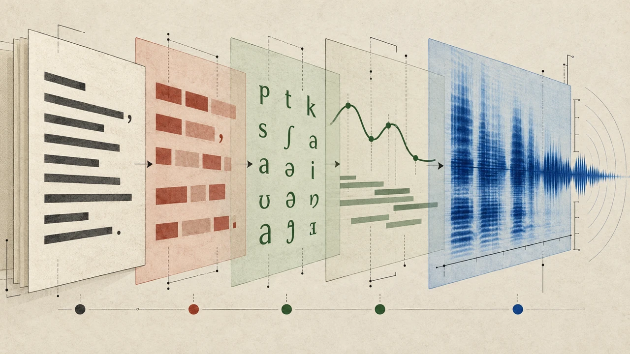 Translucent layers showing text becoming linguistic tokens phonemes prosody and sound spectrum