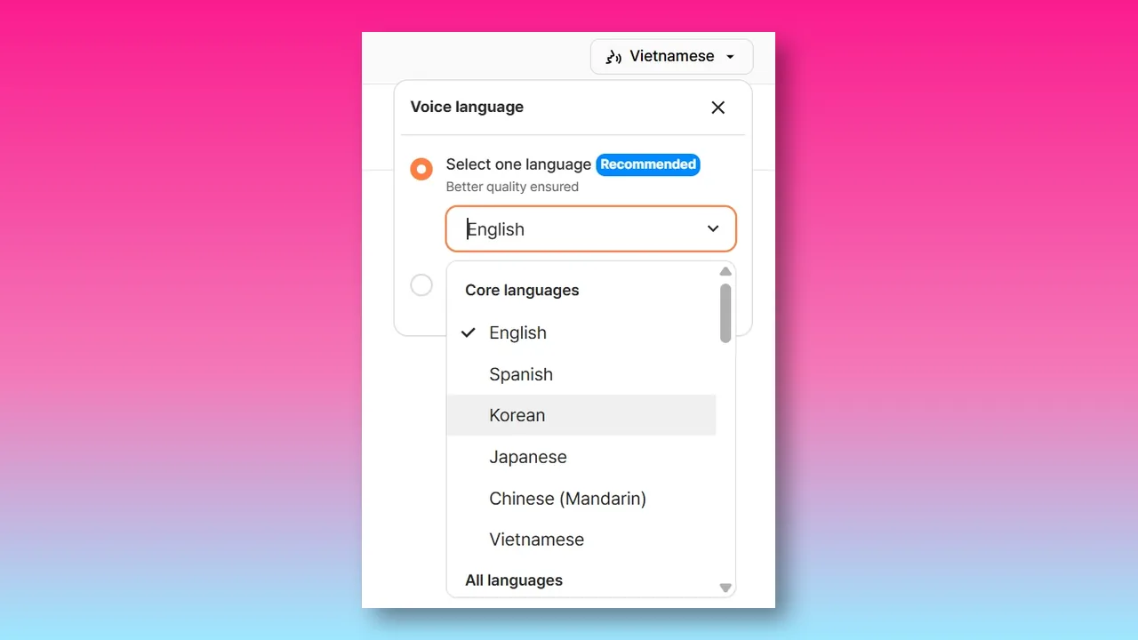 Typecast Voice Language menu with available language choices
