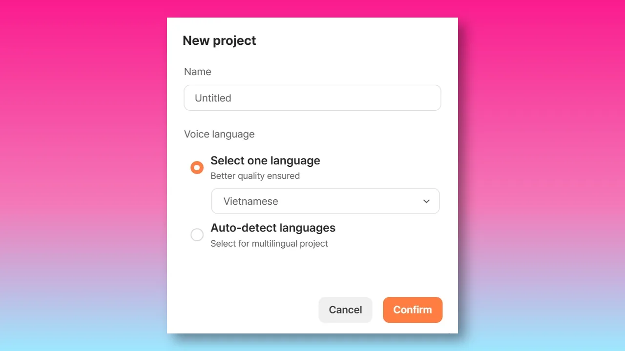 Typecast New project dialog for setting a project name and voice language