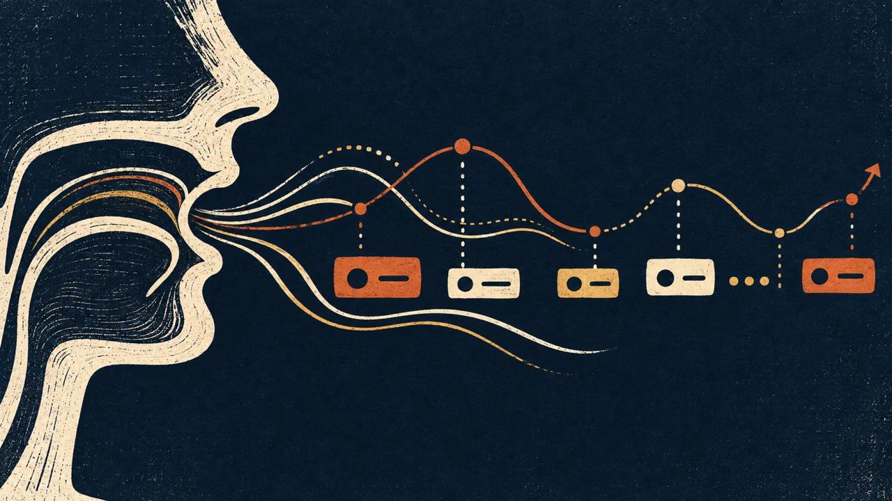 Prosody curves weaving through a mouth-profile silhouette and spaced syllable shapes