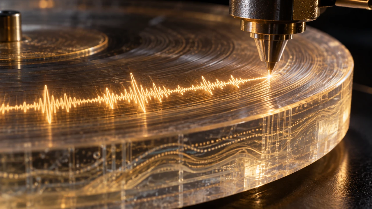 A luminous waveform etched into a translucent resin record as an acoustic sculpture