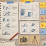 Storyboard wall with planning notes shot list camera framing grid and a paper-strip lesson arc