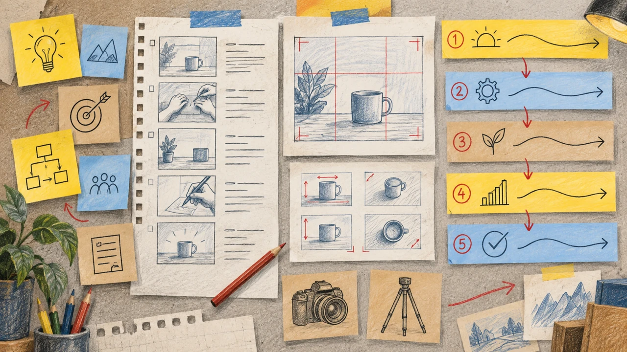 Storyboard wall with planning notes shot list camera framing grid and a paper-strip lesson arc
