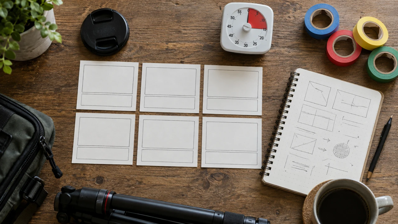 Top-down tutorial-production kit with storyboard cards lens cap timer tape and notebook