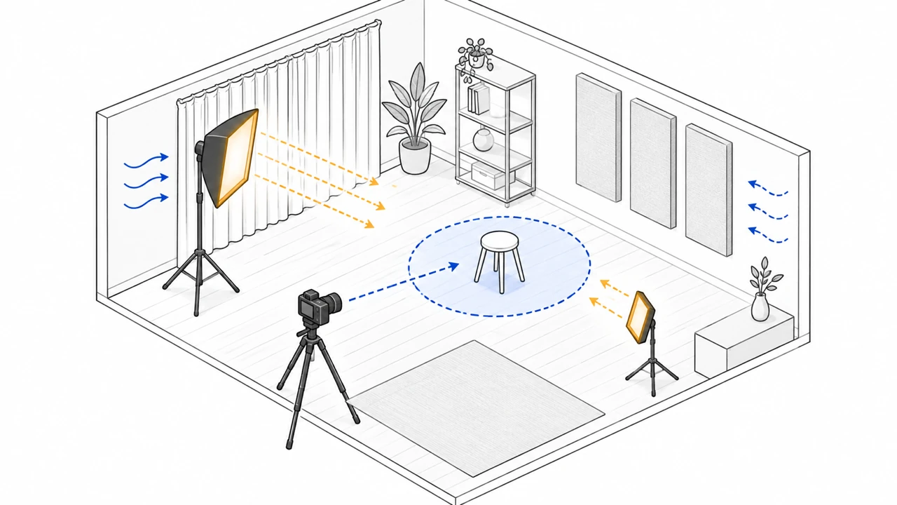 Architectural cross-section of a small recording setup showing light camera angle and quiet background