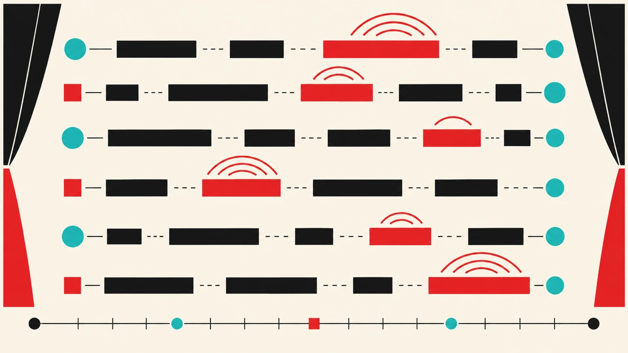 Geometric sentence blocks pause spaces and emphasis arcs arranged as a narration cue sheet