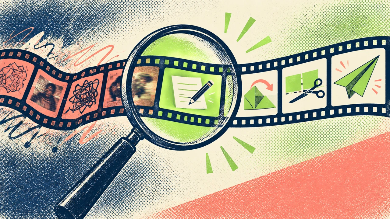 A film-strip ribbon passing through a magnifying glass and becoming clean instructional frames