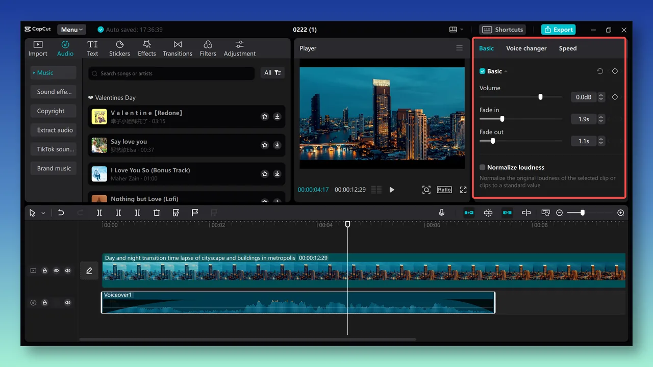 CapCut desktop editor showing a selected voiceover track and its volume and fade controls