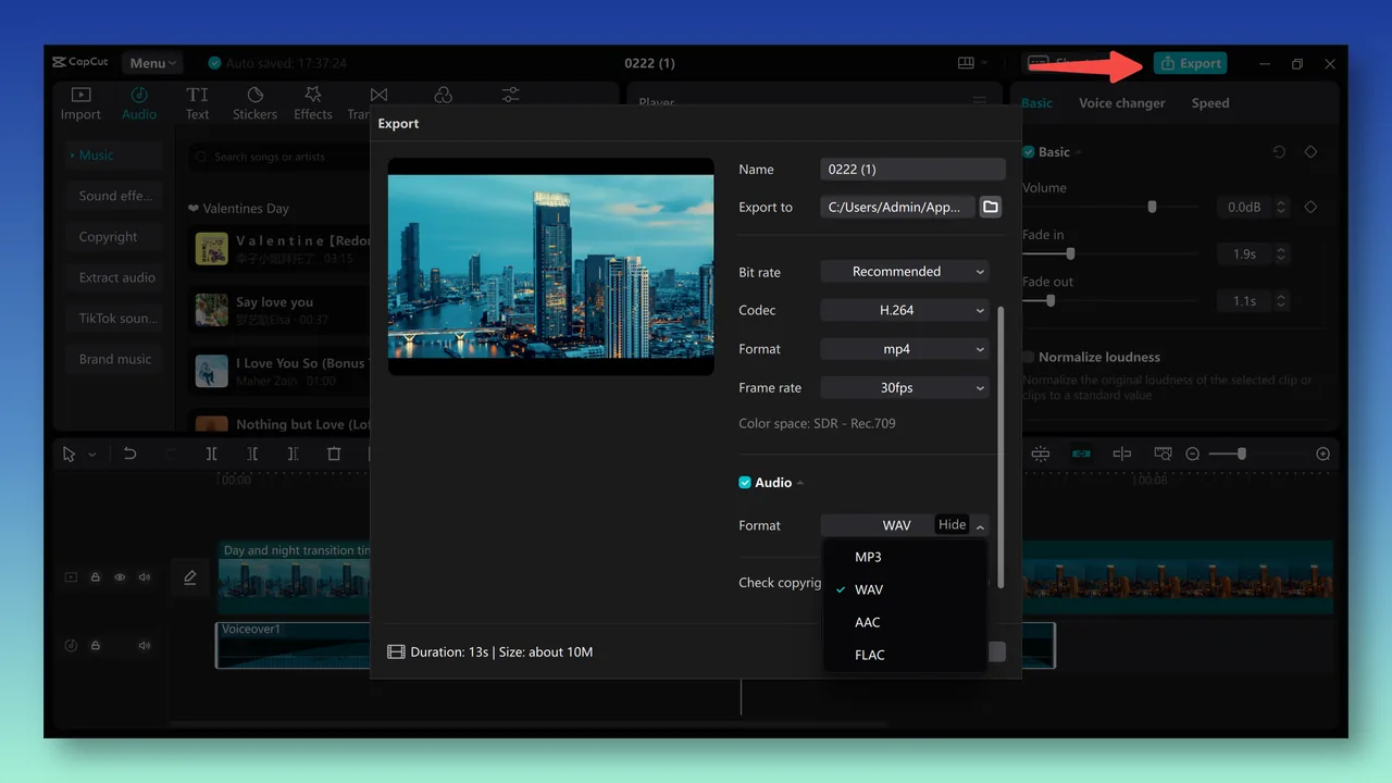 CapCut desktop export panel with video and audio format settings
