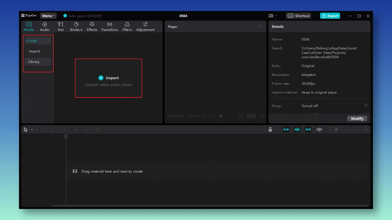 CapCut Desktop Media panel showing the Import control for videos, audio, and photos