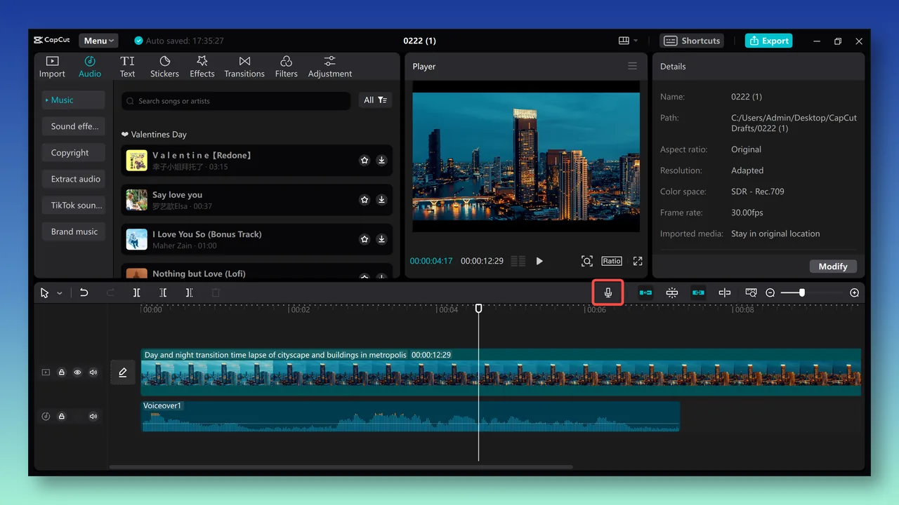 CapCut desktop editor showing the voiceover microphone control above the timeline