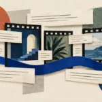 Cut-paper script strips interlocking with abstract film frames to represent a voiceover