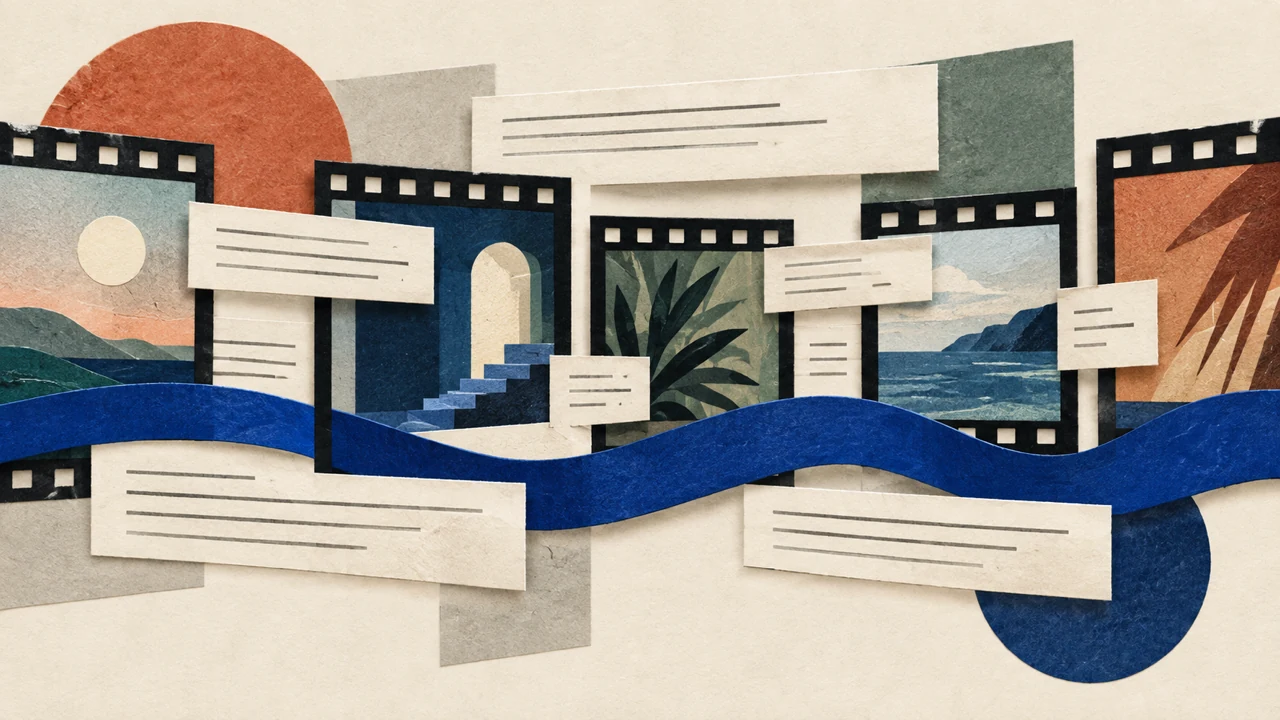 Cut-paper script strips interlocking with abstract film frames to represent a voiceover