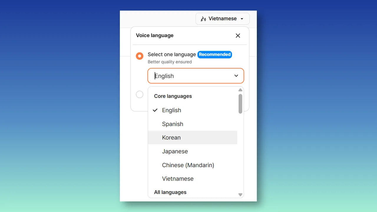 Typecast Voice Language menu with available language choices