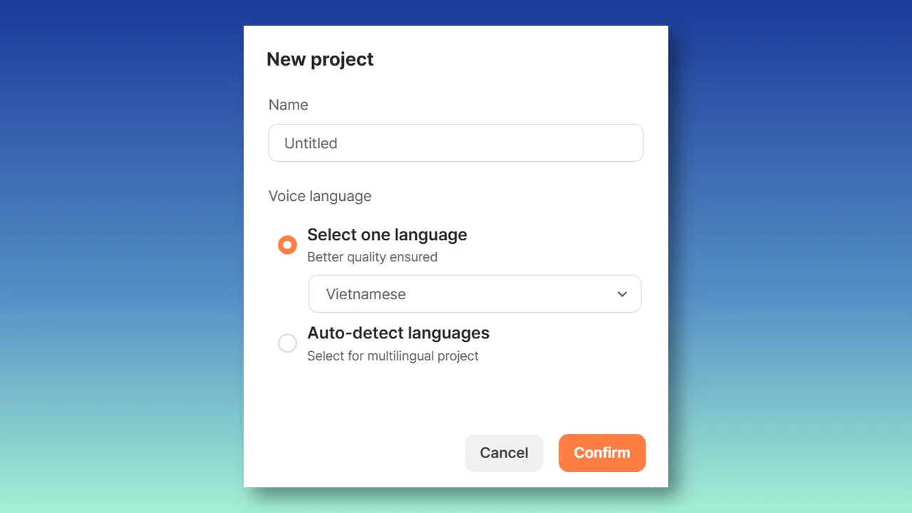 Typecast New project dialog for setting a project name and voice language