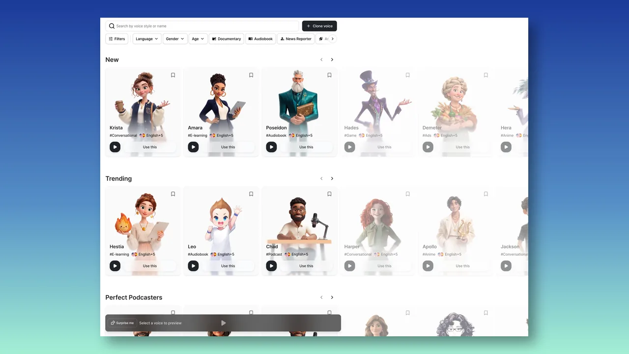 Typecast voice library showing filters, voice cards, and Use this controls