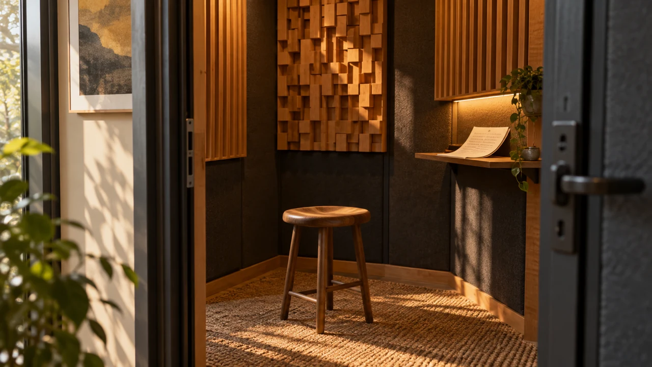 Quiet acoustic booth with script ready before recording a narration