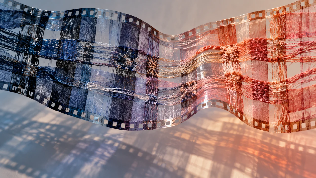 Woven film strip and embroidered threads representing a finished balanced voiceover