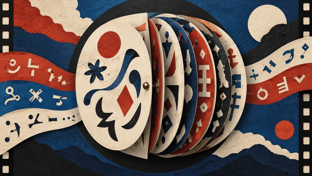 Circular paper flipbook and cinema sprockets representing translated captions in video