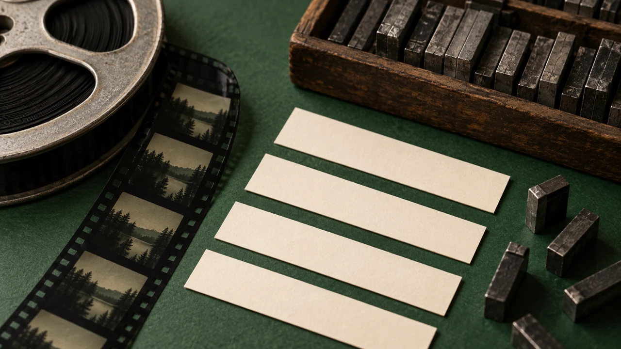 Letterpress subtitle strips and film sprockets representing accurate source captions