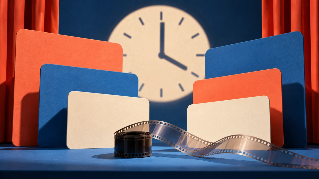 Stop-motion theater cards and clock shadow representing caption readability and timing