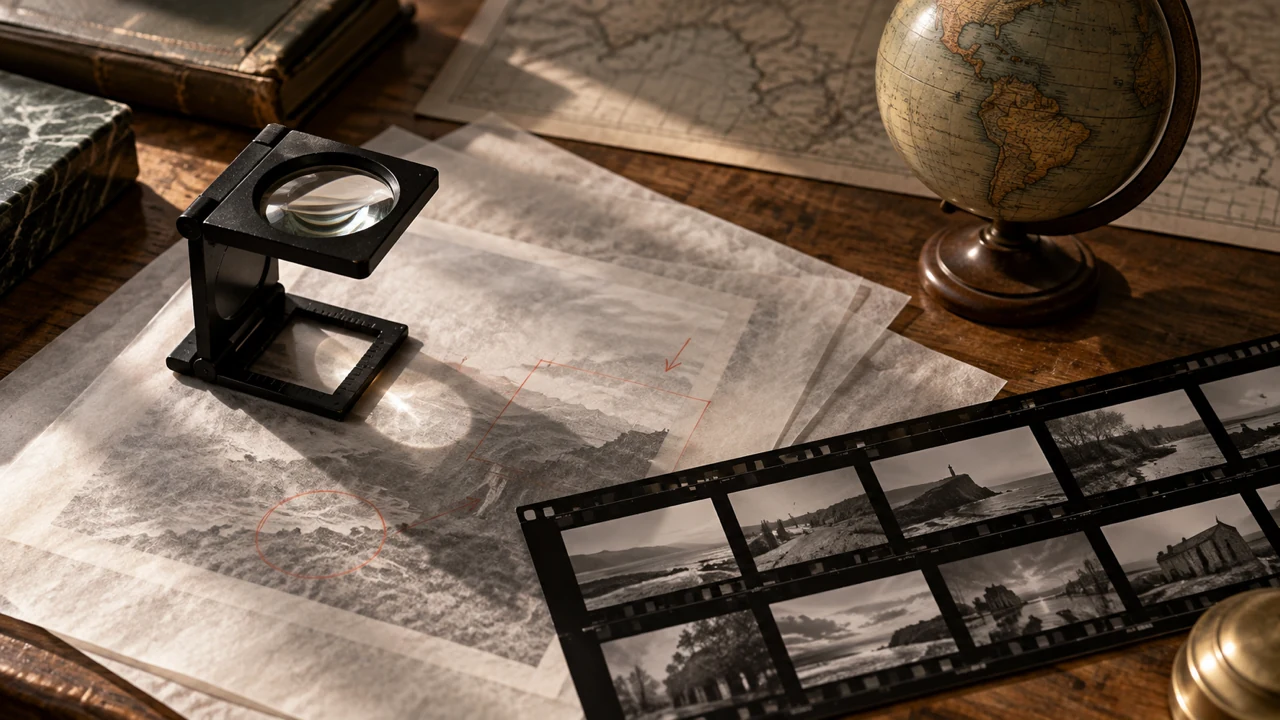 Proofing table with loupe, globe, and contact sheet for reviewing translated captions