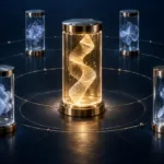 Acoustic texture specimens around a pristine amber sample cylinder representing voice-cloning audio requirements