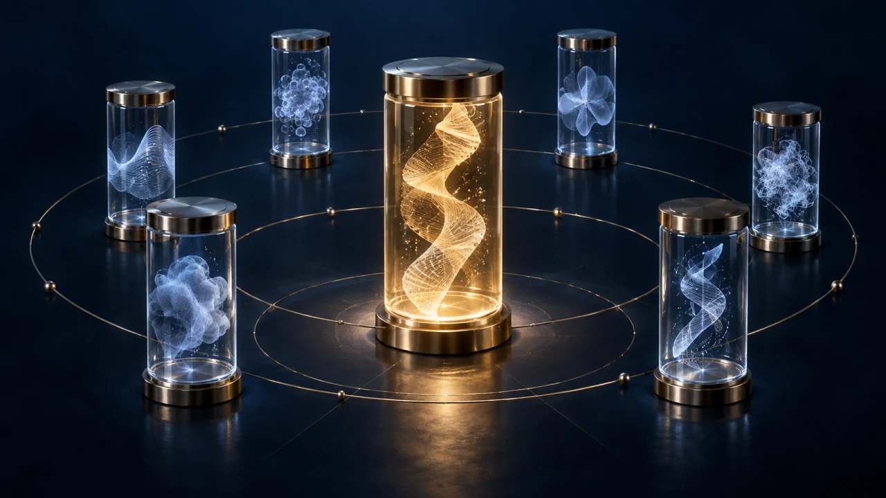 Acoustic texture specimens around a pristine amber sample cylinder representing voice-cloning audio requirements