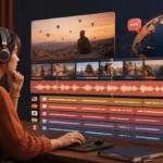 Creator localizing a video with subtitle tracks and a voiceover waveform
