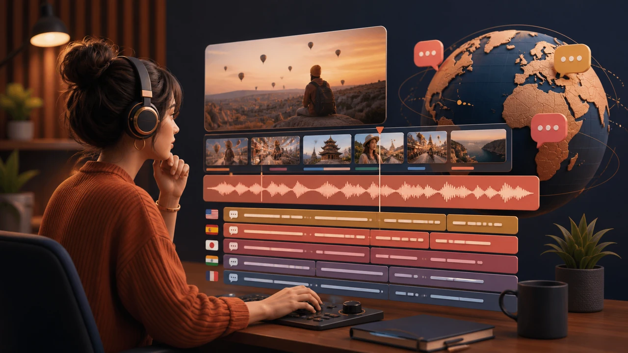 Creator localizing a video with subtitle tracks and a voiceover waveform
