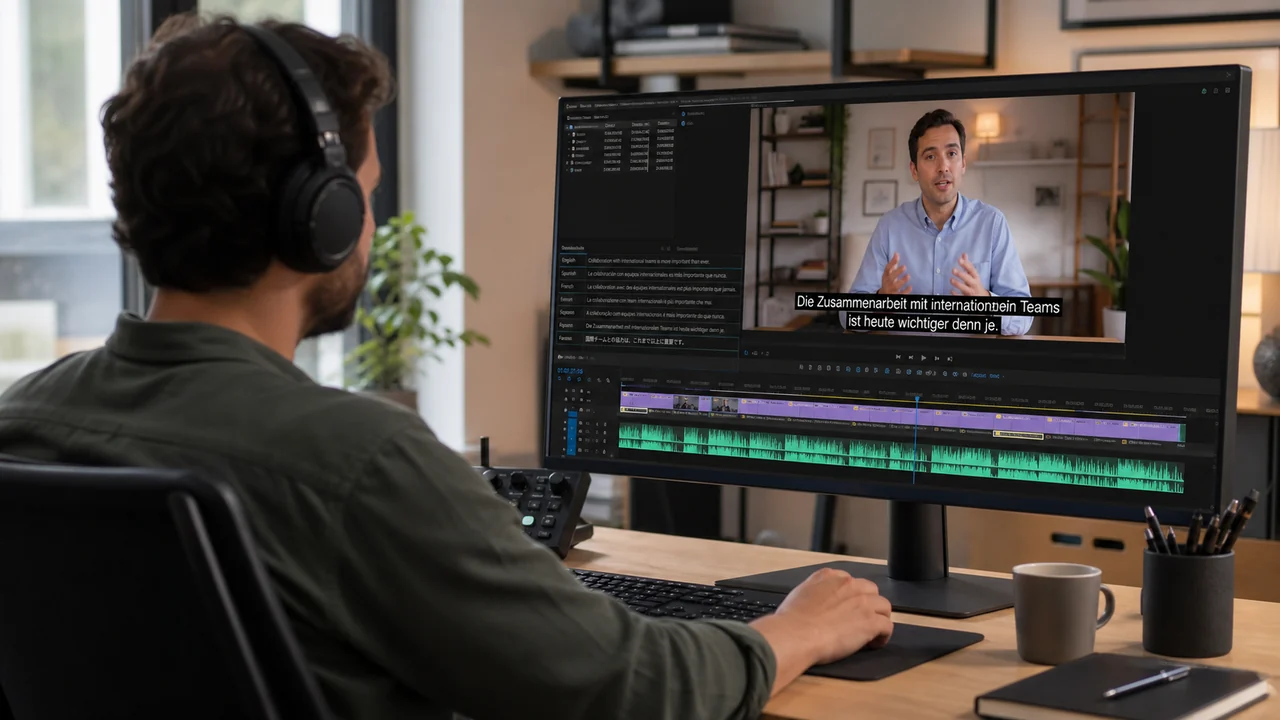 Video localization reviewer checking populated subtitles and a completed edit timeline