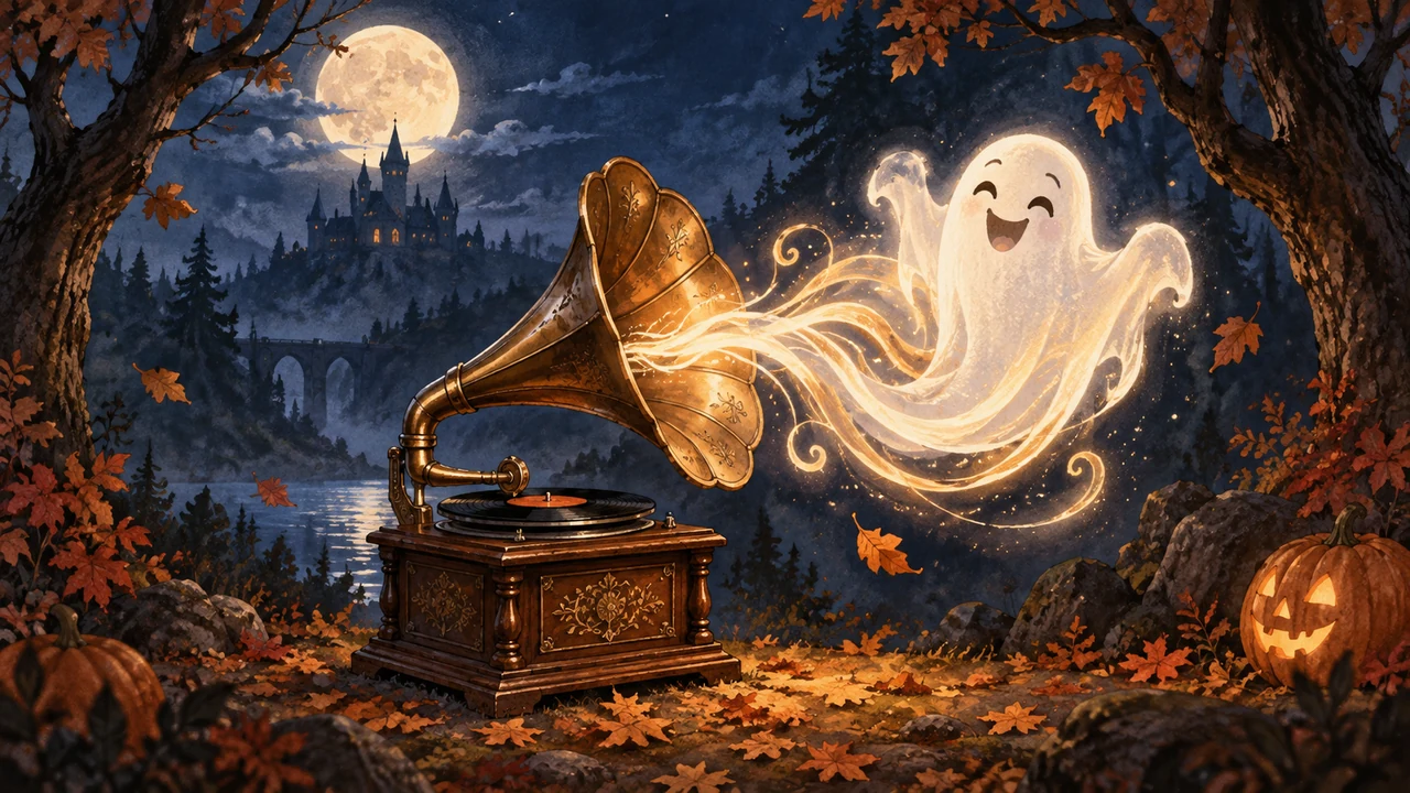 An antique brass phonograph emits a friendly ghost-shaped voice in an autumn night scene, representing Halloween voice changing.