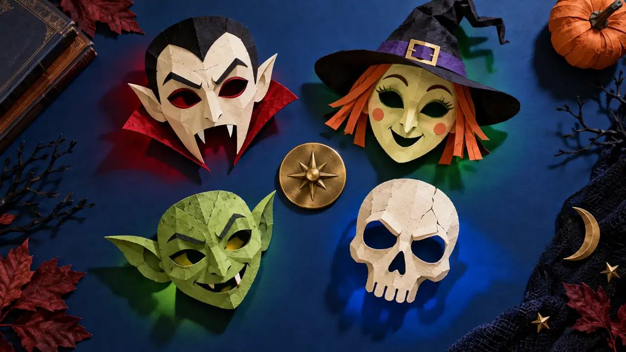 Four paper Halloween masks arranged around a brass selector token