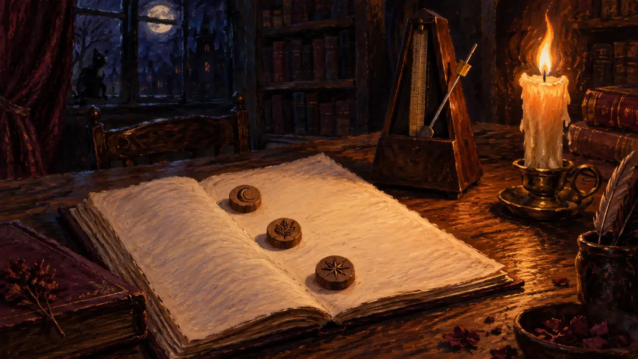 Candlelit blank script, metronome, and wooden pause tokens in a night library