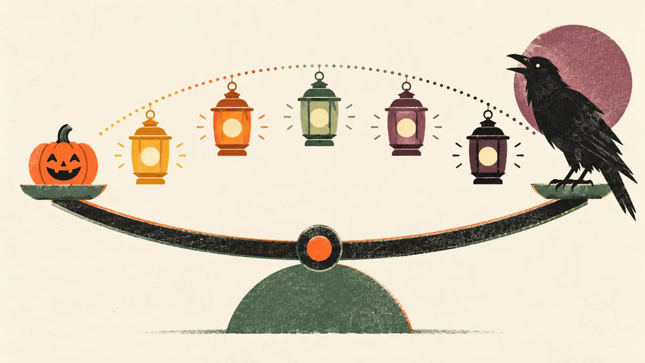 Jack-o-lantern and raven balanced across a spectrum of colored lanterns