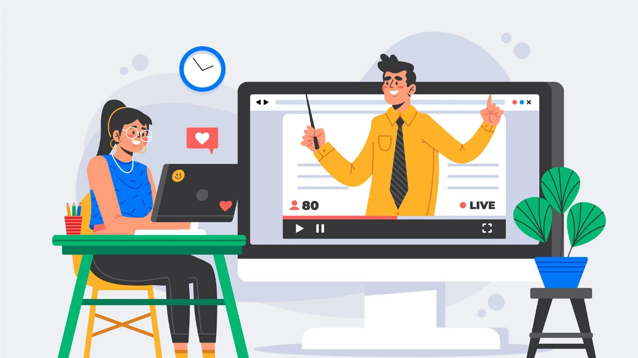 AI eLearning Voice-Over: A Reviewed Production Workflow — An existing illustration shows a learner attending an online lesson; it is not a Typecast interface.