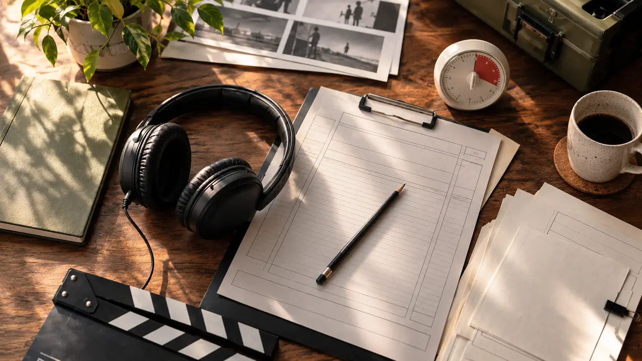 How human voiceover rates are commonly structured — production papers, timer, pencil, and headphones showing time-based planning.