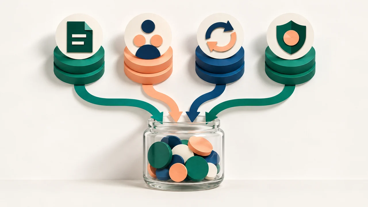 A practical budget model for human and AI narration — acrylic workflow forms feeding into a clear budgeting jar.
