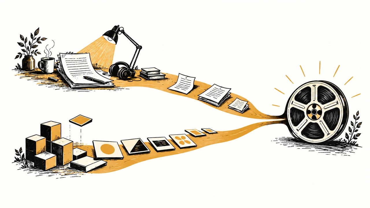 Affordable AI voice options: compare the details that affect real cost — ink illustration of two narration paths converging at a finished audio reel.