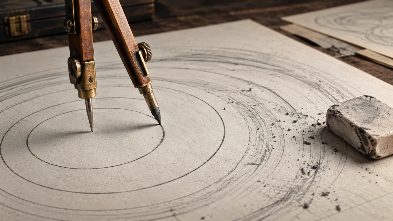 Choosing the right option by project type — macro drafting compass tracing repeated graphite circles, showing revisions accumulating effort.