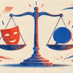 Risograph balance scale with theatrical mask and abstract speech form, representing human and AI narration budget choices.