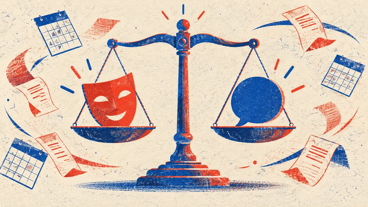 Risograph balance scale with theatrical mask and abstract speech form, representing human and AI narration budget choices.