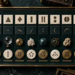 Archival display of abstract symbol tiles and number-like tokens for careful voice pronunciation preparation.