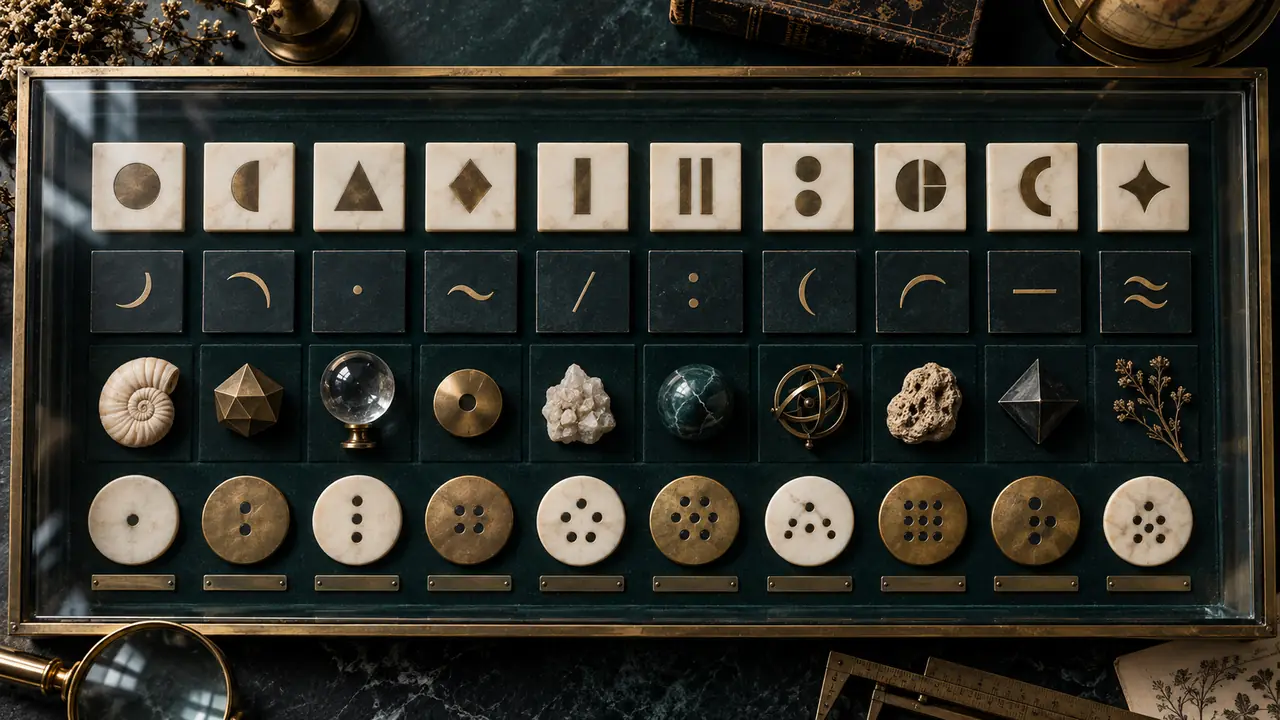 Archival display of abstract symbol tiles and number-like tokens for careful voice pronunciation preparation.