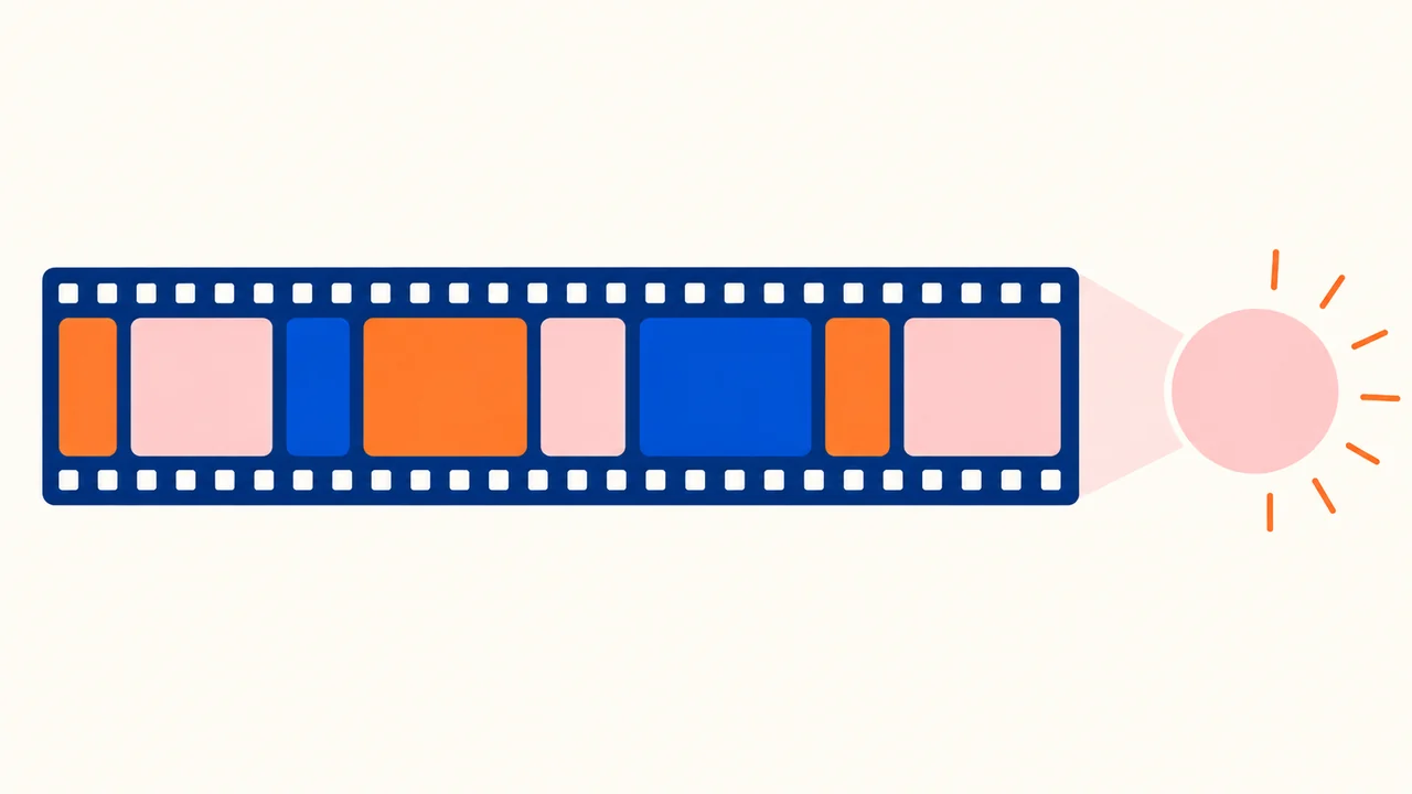 Voiceover timing: how to estimate script length — abstract rhythm blocks flowing through a film frame.